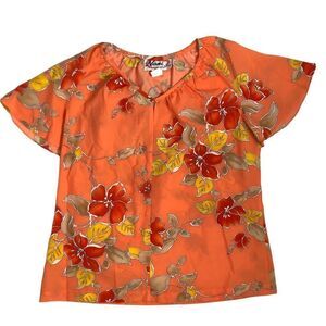 Vintage Nani of Hawaii Orange Short Sleeve Hawaiian Floral Blouse Top Hibiscus